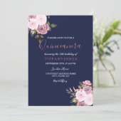Navy Blue Pink & Rose Gold Quinceanera Invitation (Standing Front)