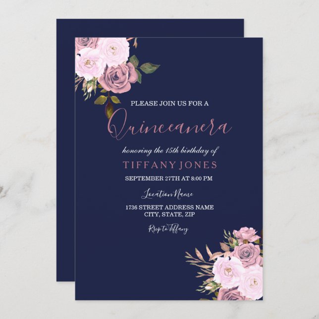 Navy Blue Pink & Rose Gold Quinceanera Invitation (Front/Back)