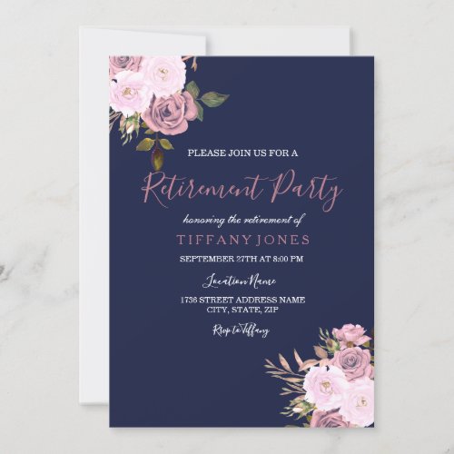 Navy Blue Pink  Rose Gold Retirement Party Invite