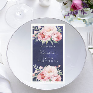 Navy blue pink roses florals elegant birthday paper guest towels