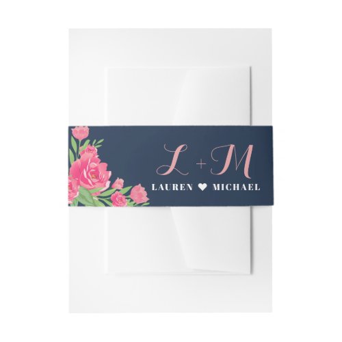 Navy Blue Pink Roses Flower Bouquet Floral Wedding Invitation Belly Band