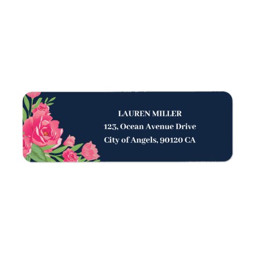 Navy Blue Pink Roses Flower Bouquet Floral Wedding Label