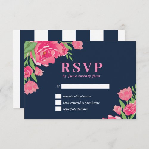 Navy Blue Pink Roses Flower Bouquet Floral Wedding RSVP Card