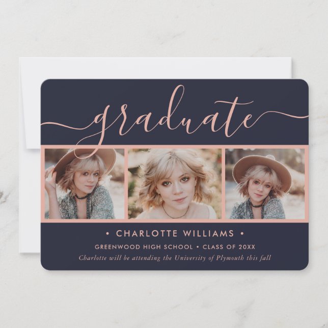 Navy Blue Pink Script 4 Photo Graduation Announcement (Front)