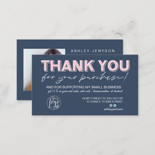 Navy blue pink script photo logo order thank you business card