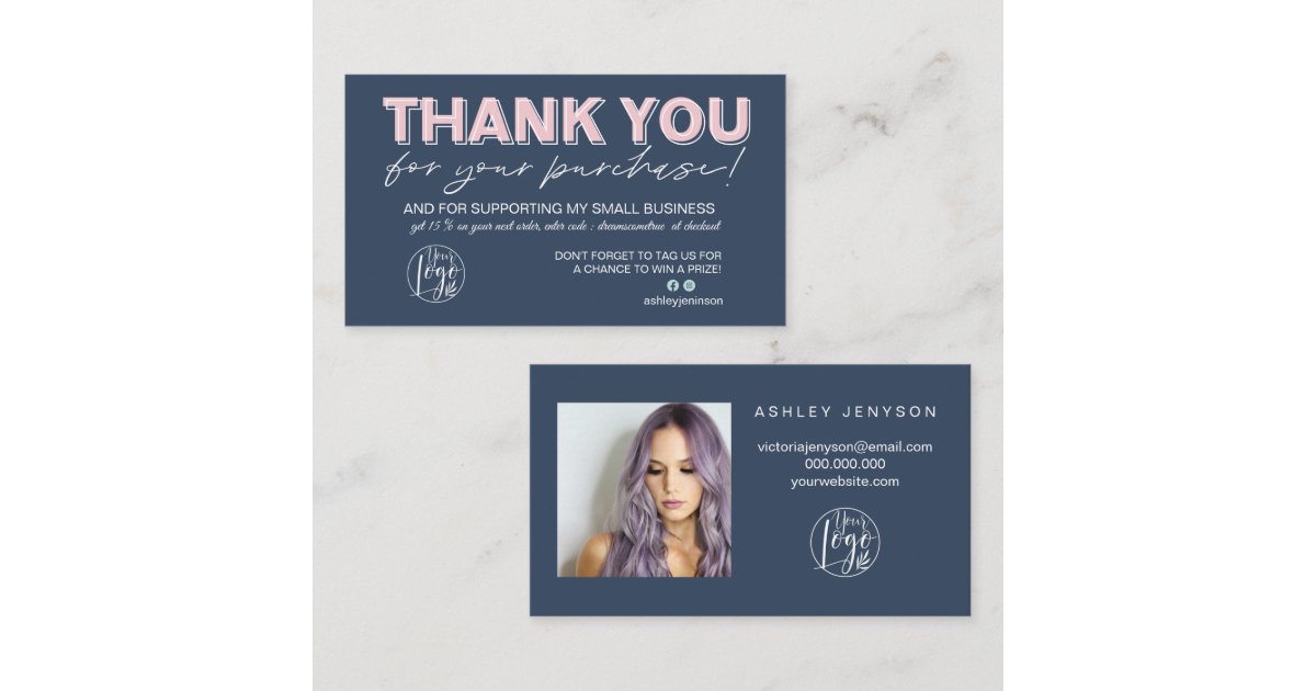 Navy blue pink script photo logo order thank you business card | Zazzle