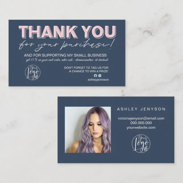 Navy blue pink script photo logo order thank you business card | Zazzle