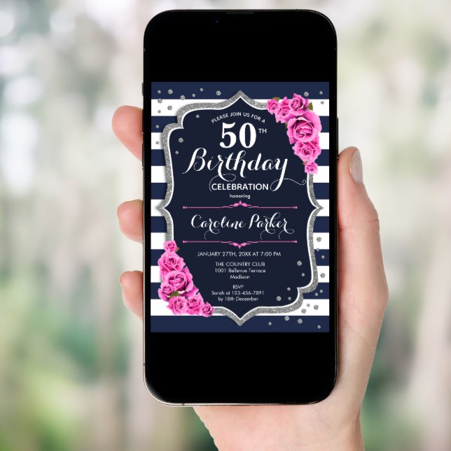 Navy Blue Pink Silver Photo 50th Birthday Invitation (Front Digital)