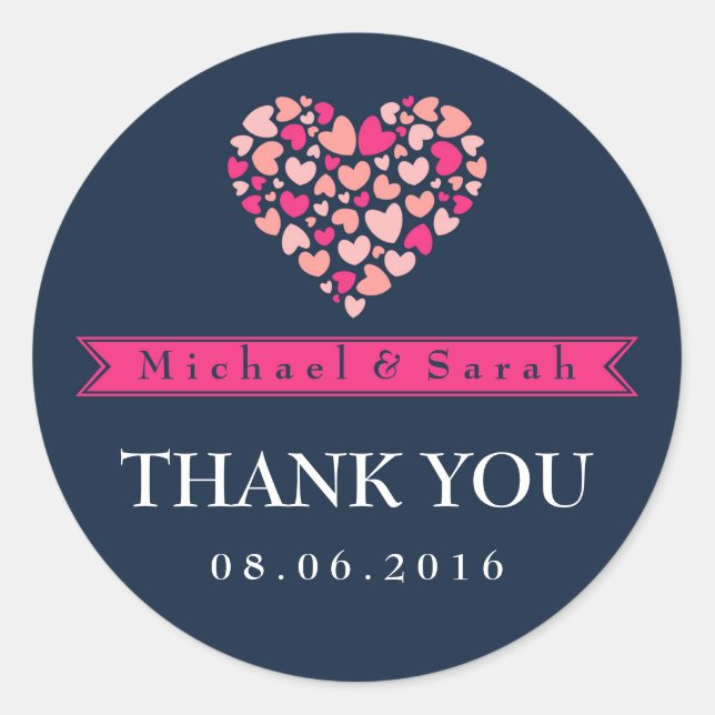 Navy Blue Pink Small Hearts Wedding Favor Sticker (Front)