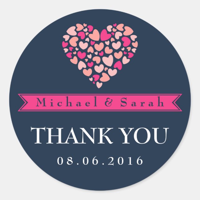 Navy Blue Pink Small Hearts Wedding Favor Sticker (Front)