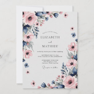 Navy Blue Pink Sophisticated Spring Wedding Invitation