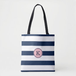 Navy Blue Pink Striped Monogram Tote Bag