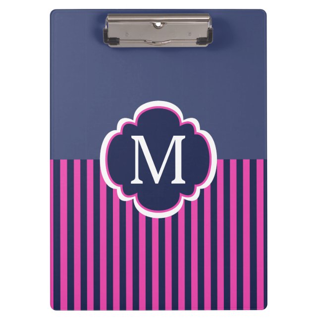 Navy Blue Pink Stripes Monogram Clipboard (Front)