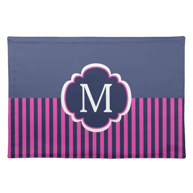 Navy Blue Pink Stripes Monogram Cloth Placemat (Front)