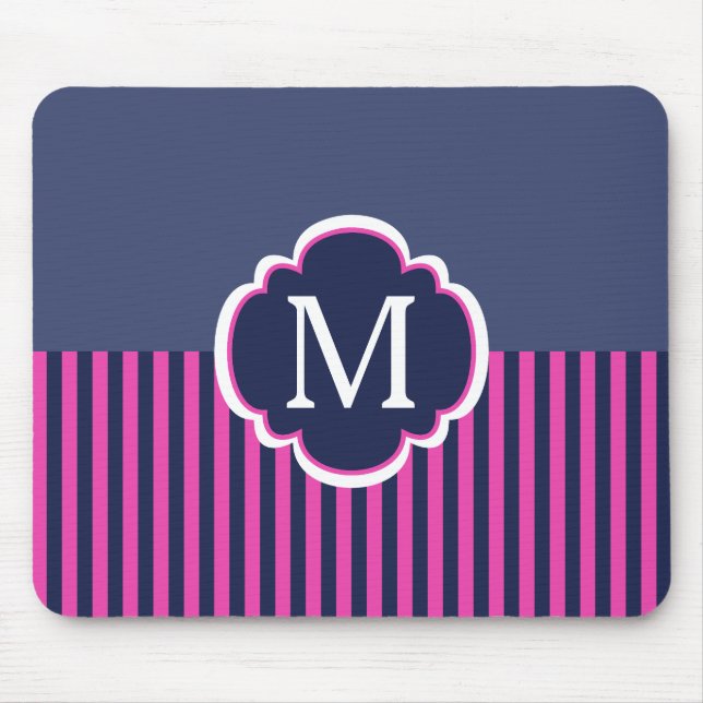 Navy Blue Pink Stripes Monogram Mouse Pad (Front)
