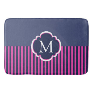 Navy Blue Pink Stripes Monogram Pillow Bathroom Mat