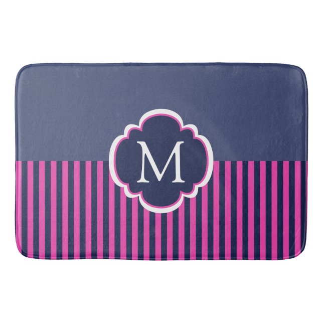 Navy Blue Pink Stripes Monogram Pillow Bathroom Mat (Front)