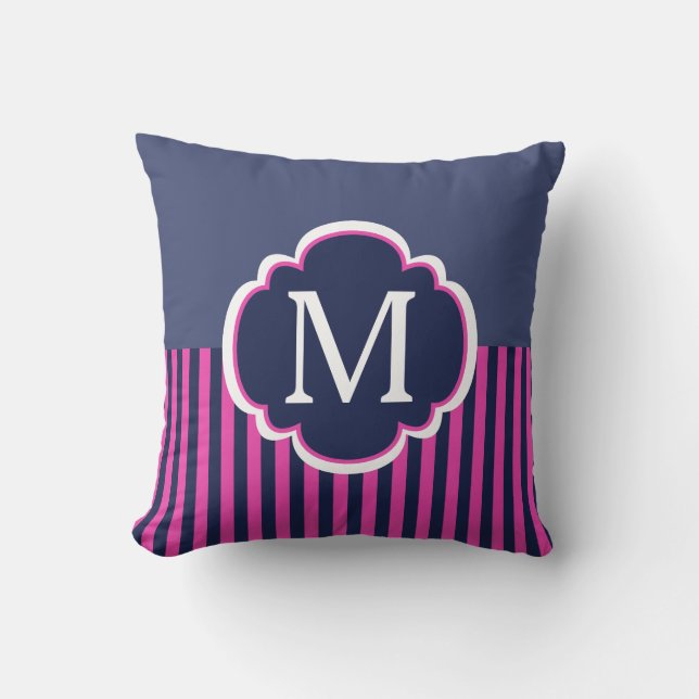 Navy Blue Pink Stripes Monogram Throw Pillow (Front)