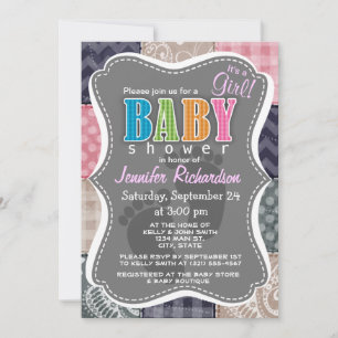 Navy Blue, Pink, Tan, and Gray Cute Quilt look Invitation