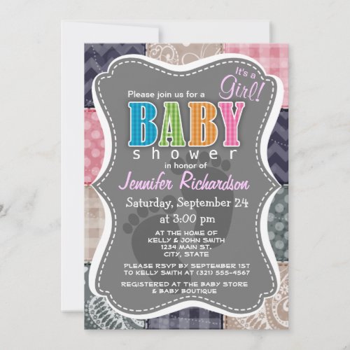 Navy Blue, Pink, Tan, and Gray Cute Quilt look Custom Announcement