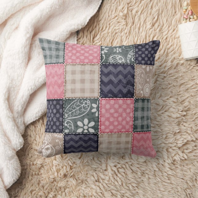Navy Blue, Pink, Tan, and Gray Cute Quilt look Throw Pillow Zazzle