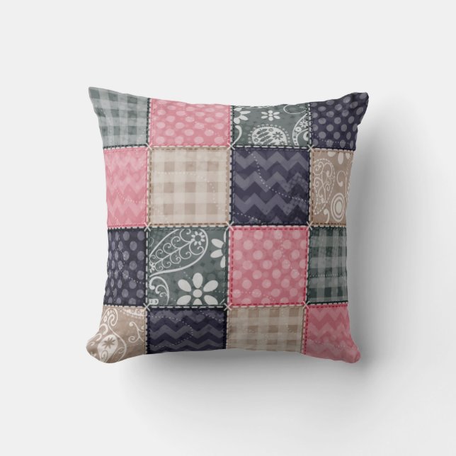 Navy Blue, Pink, Tan, and Gray Cute Quilt look Throw Pillow (Front)