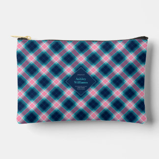 Navy Blue & Pink Tartan Plaid Personalized Accessory Pouch