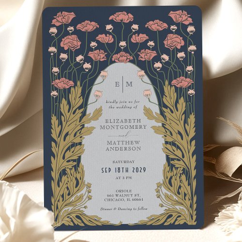 Navy Blue Pink Vintage Art Nouveau Floral Wedding Invitation