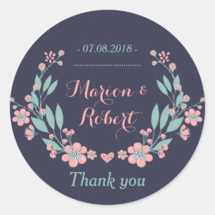 Navy Blue Pink Vintage Floral Thank You Sticker