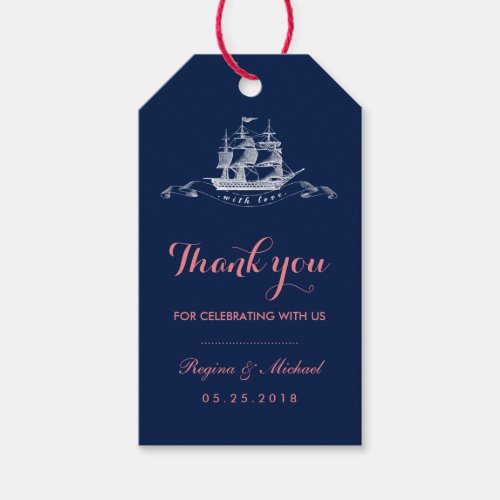 Navy Blue Pink Vintage Ship Beach Wedding Gift Tag