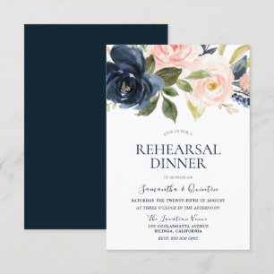Navy Blue Pink Watercolor Floral Rehearsal Dinner Invitation