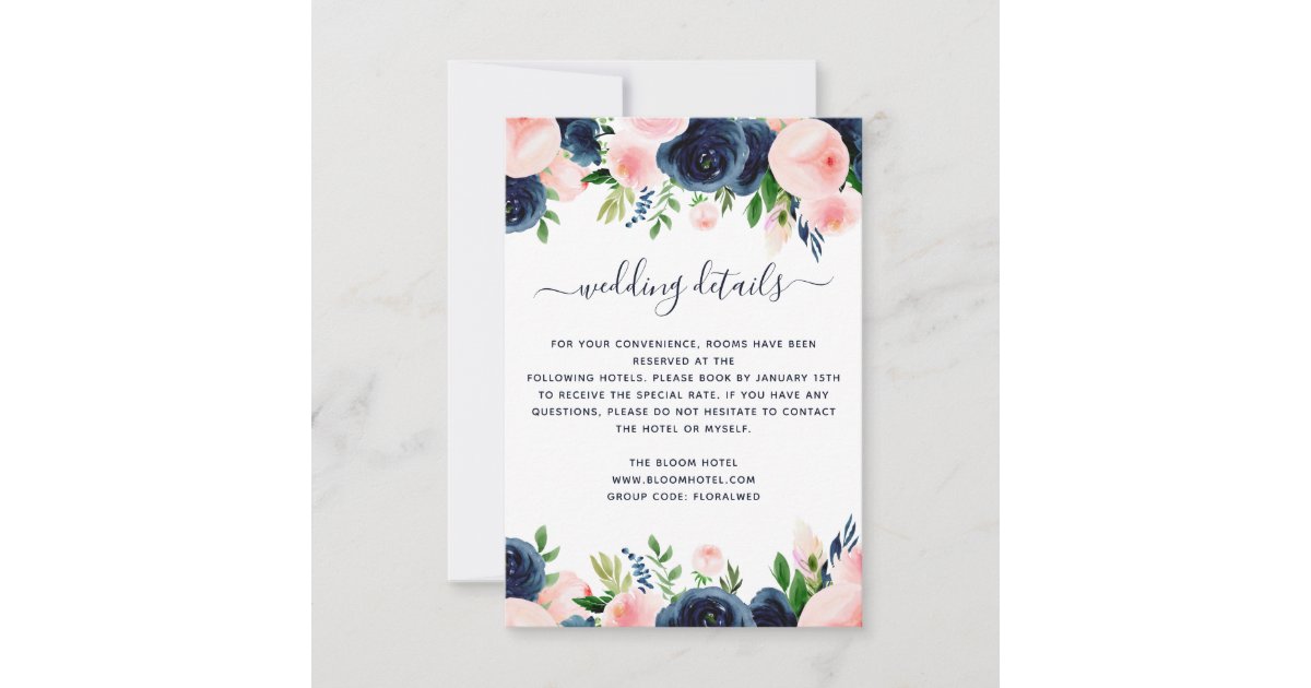 Navy Blue Pink Watercolor Floral Wedding Details Invitation | Zazzle