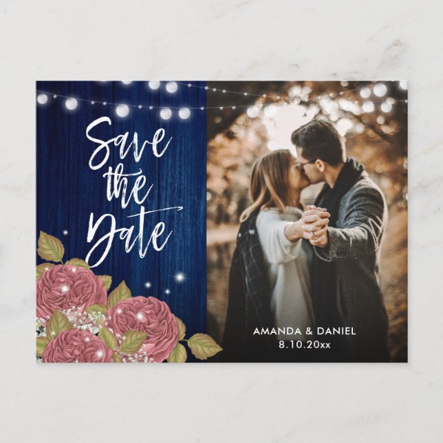 Navy Blue Pink Wedding Photo Save The Date Announcement Postcard (Front)