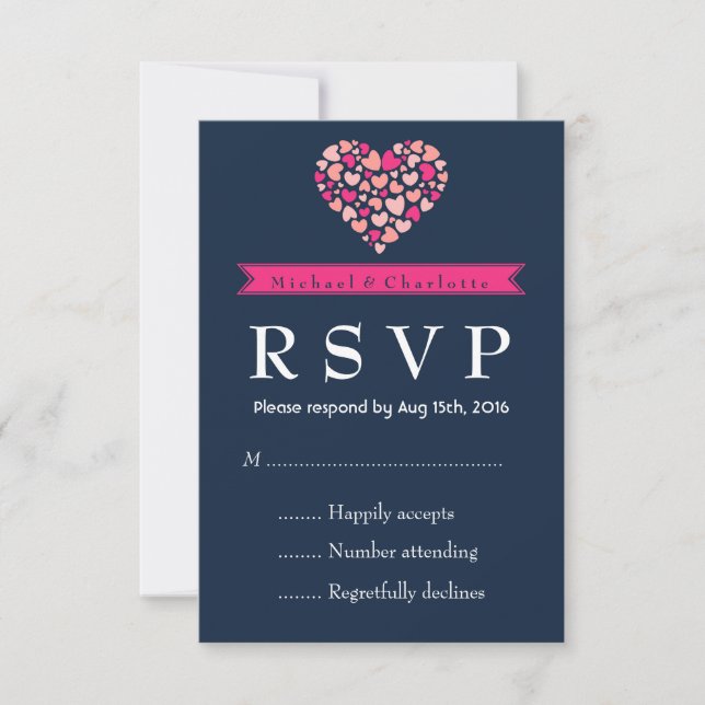 Navy Blue Pink Wedding RSVP Card with Love (Front)