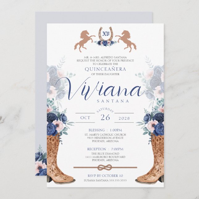 Navy Blue Pink Western Boots Charra Quinceanera In Invitation (Front/Back)