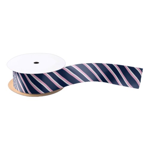Navy Blue Pink  White Preppy Diagonal Stripes Satin Ribbon