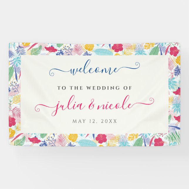 Navy Blue Pink Wild Rain Forest Evergreen Wedding Banner (Horizontal)