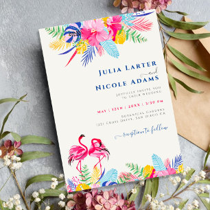 Navy Blue Pink Wild Rain Forest Evergreen Wedding Invitation