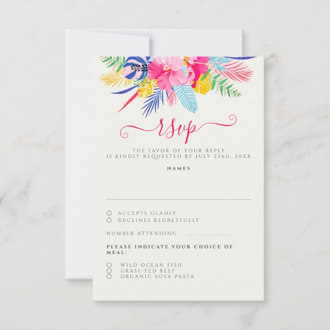 Navy Blue Pink Wild Rain Forest Evergreen Wedding RSVP Card (Front)