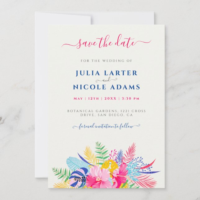 Navy Blue Pink Wild Rain Forest Evergreen Wedding Save The Date (Front)