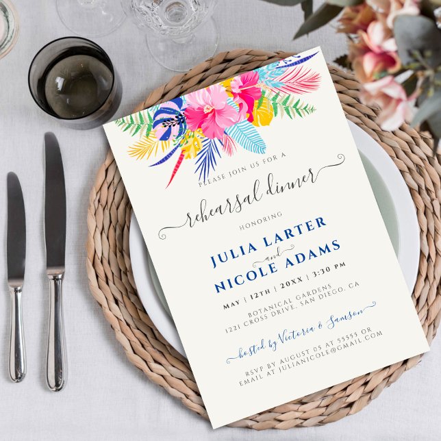 Navy Blue Pink Wild Rainforest Rehearsal Dinner Invitation (Creator Uploaded)