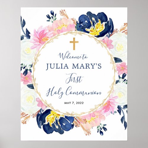 Navy blue pink yellow communion welcome sign