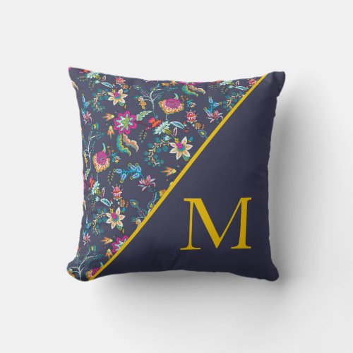 Navy Blue Pink Yellow Floral Monogram Throw Pillow