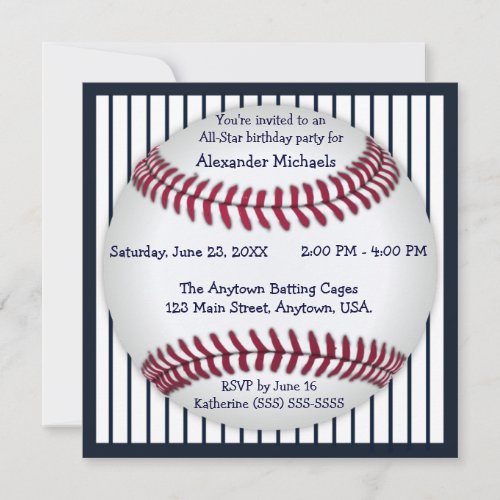 Navy Blue Pinstripes Baseball Birthday Party Custom Announcements