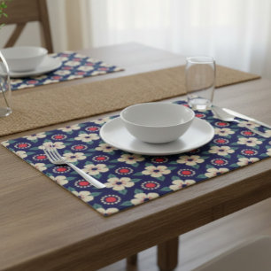 Navy Blue Placemats with Cream Flowers 