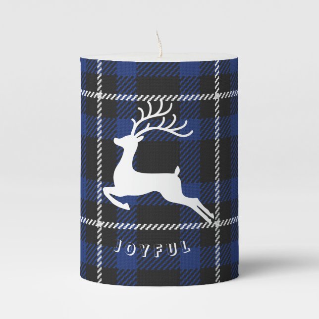 Navy Blue Plaid Christmas Pillar Candle (Front)