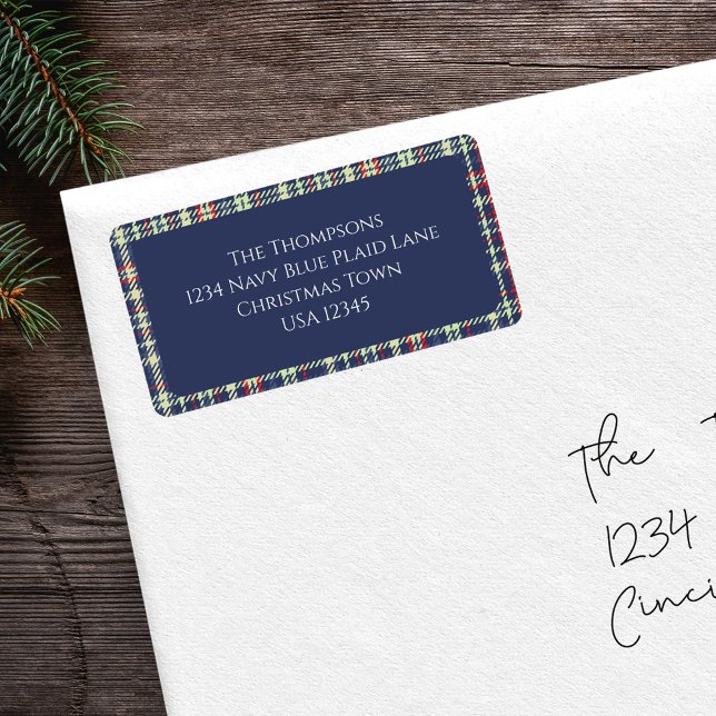Navy Blue Plaid Christmas Return Address Label (Simple Navy blue, red, and green plaid pattern return address label. )