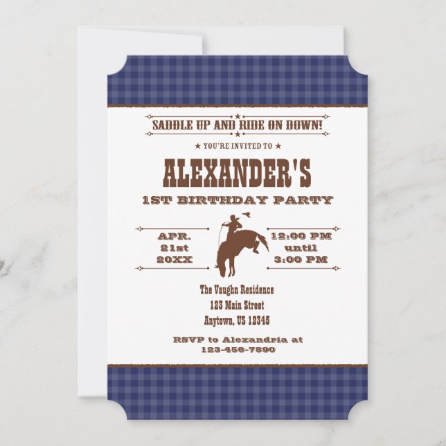 Navy Blue Plaid Cowboy Rodeo Birthday Invitation (Front)