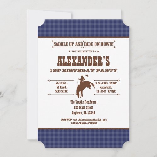 Navy Blue Plaid Cowboy Rodeo Birthday Invitation