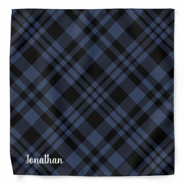 Navy Blue Plaid Custom Name Dog Bandana (Front)